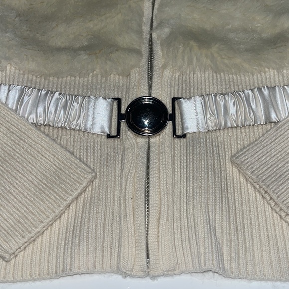 White House Black Market Ivory Belted Faux Fur Wool Sweater Jacket Full Zip XS - Picture 6 of 9